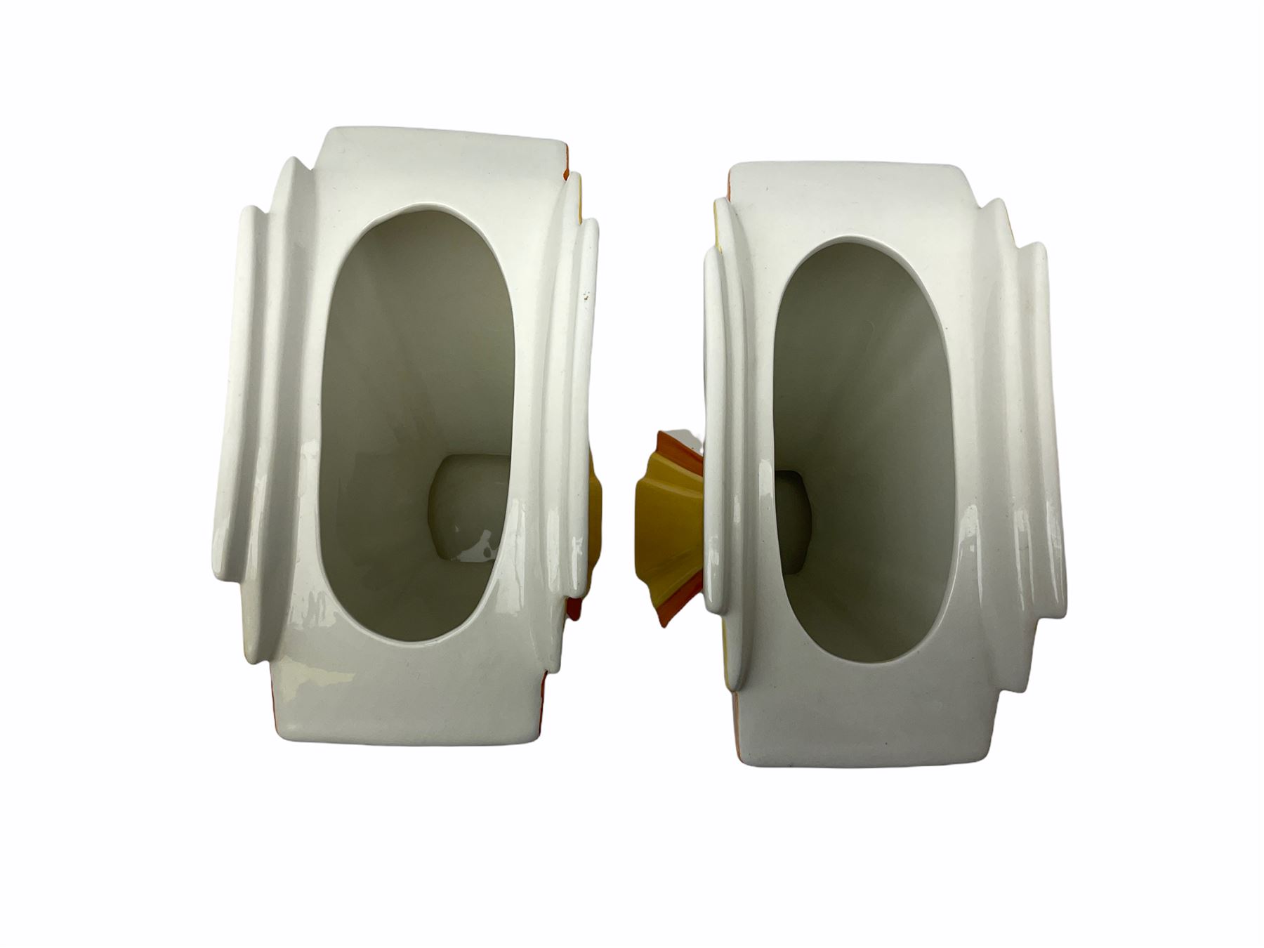 Two Wedgwood Clarice Cliff sunray vases, in Caravan design and Orange Roof Cottage design, both limited edition, H21.5cm. 