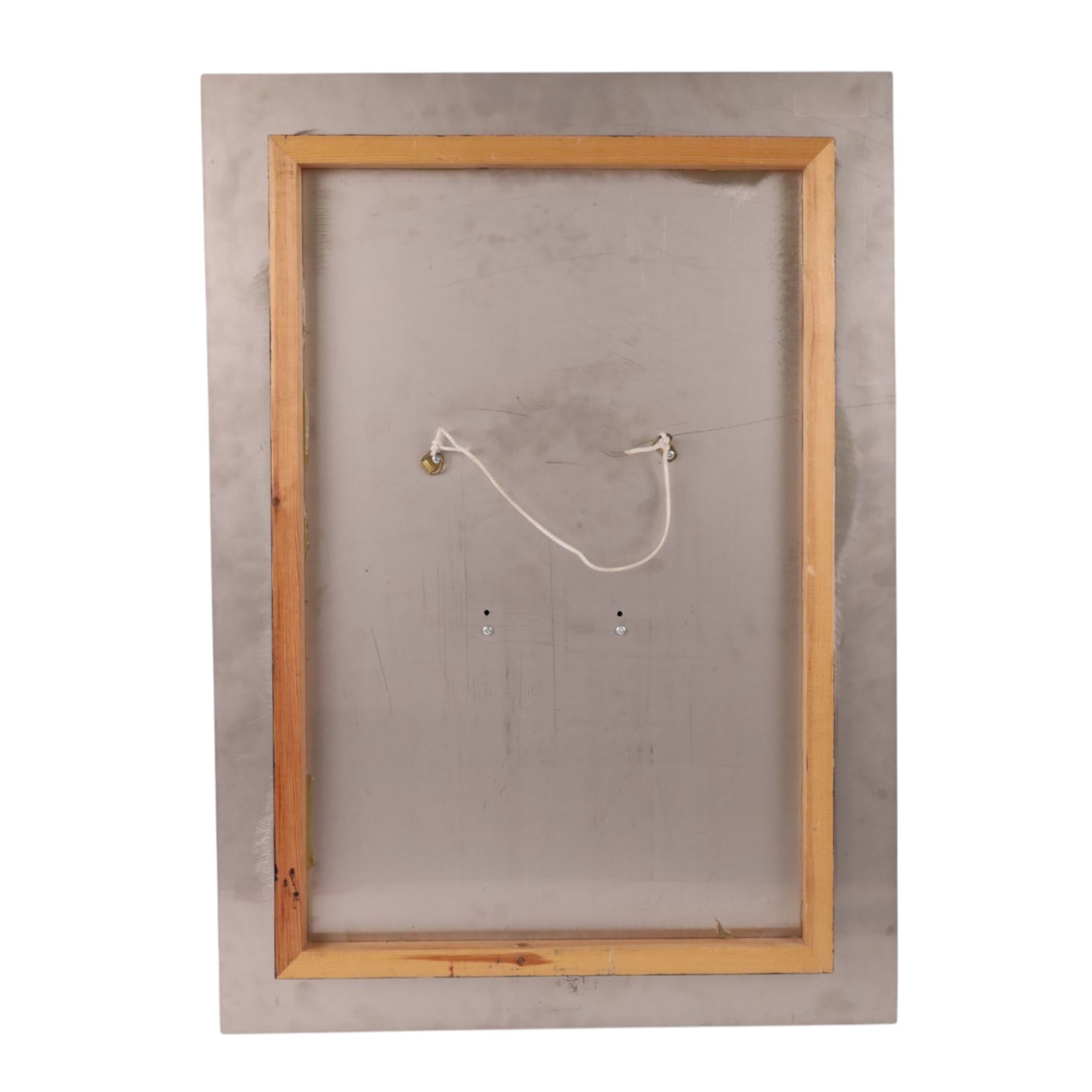 Mix medium sculpture, the central panel of rectangular form with a blue background with orange and yellow strokes, upon a metal frame, H70cm, W50cm