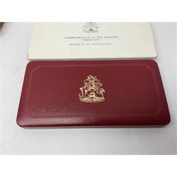 Six Commonwealth of the Bahamas Islands nine coin sets, dated 1972, 1973, 1974, 1975, 1976 and 1979, all minted at the Franklin Mint and containing high denomination silver coins, all cased, and a Bahamas Anniversary 1978 two coin set comprised of two silver proof ten dollar coins, cased 
