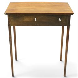 George III mahogany bowfront side table, fitted with single frieze drawer with brass lion-mask handles and twin candle-rests to each side, lower reeded edge on square tapering supports