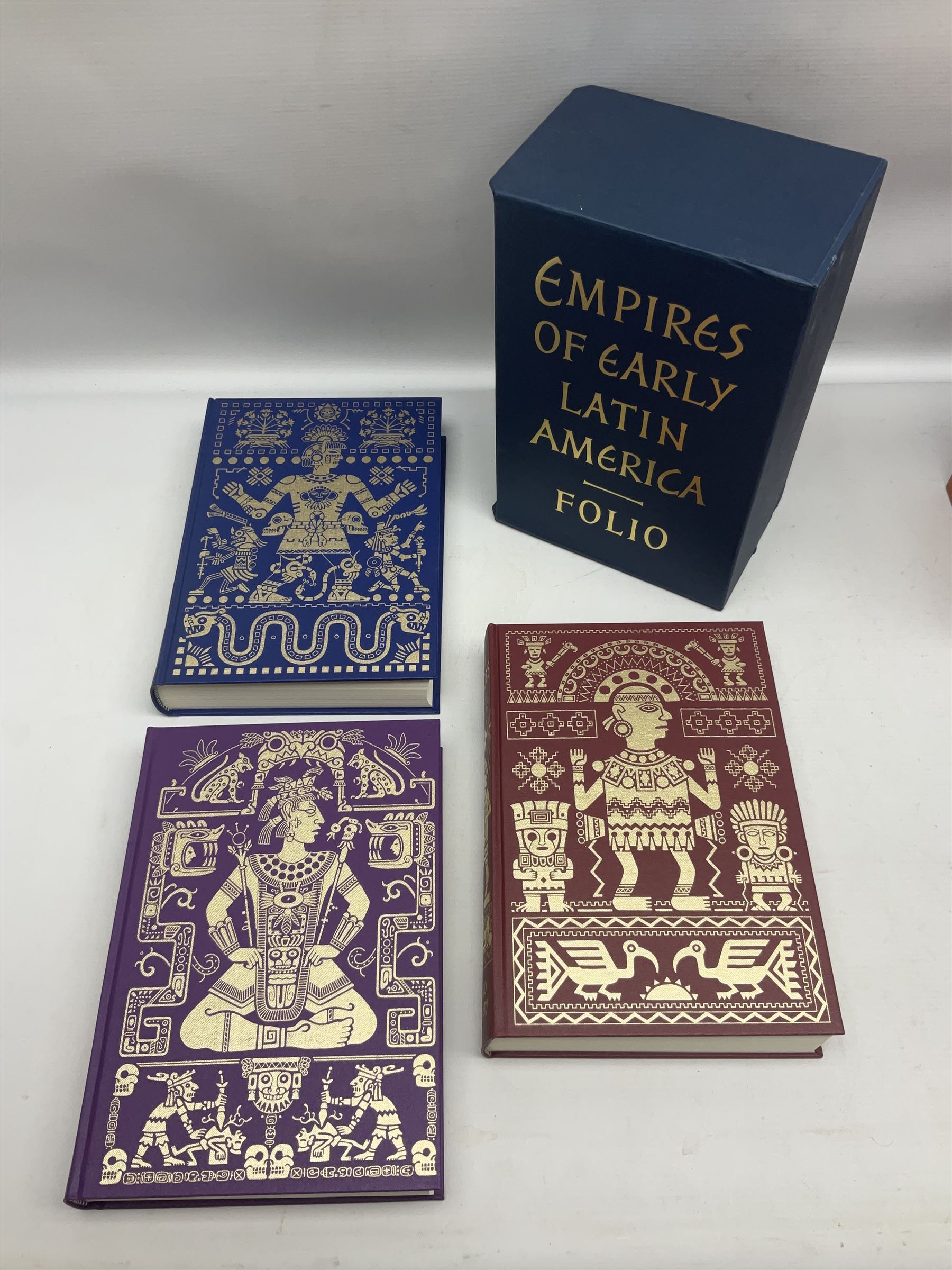 Folio Society; twelve volumes, to include three book box set Empires of Early Latin America, three book box set British Myths and Legends, two book box set The Greek Myths etc