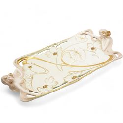 Ernst Wahliss for Turn Wien Austrian Art Nouveau dressing table set, comprising tray, pair of trinket boxes, ring tree and a pair of candle sticks, decorated with maidens and stylised flowers, tray unmarked, tray 42.5cm x 24cm