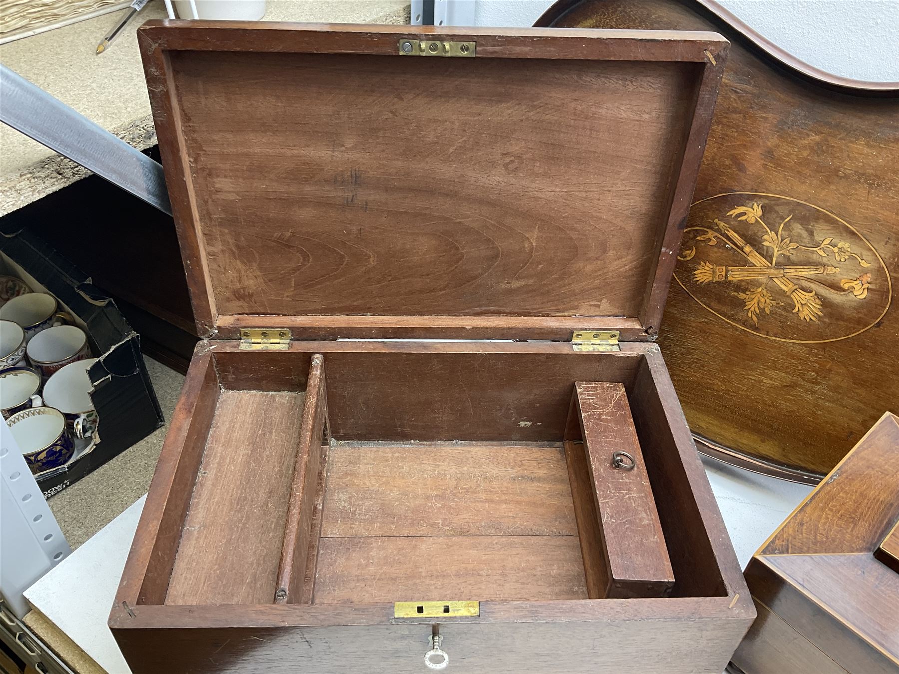 Three 19th century wooden boxes, to include a sewing box of sarcophagus form upon compressed bun feet, plus a mahogany twin handled kidney shaped tray, in one box