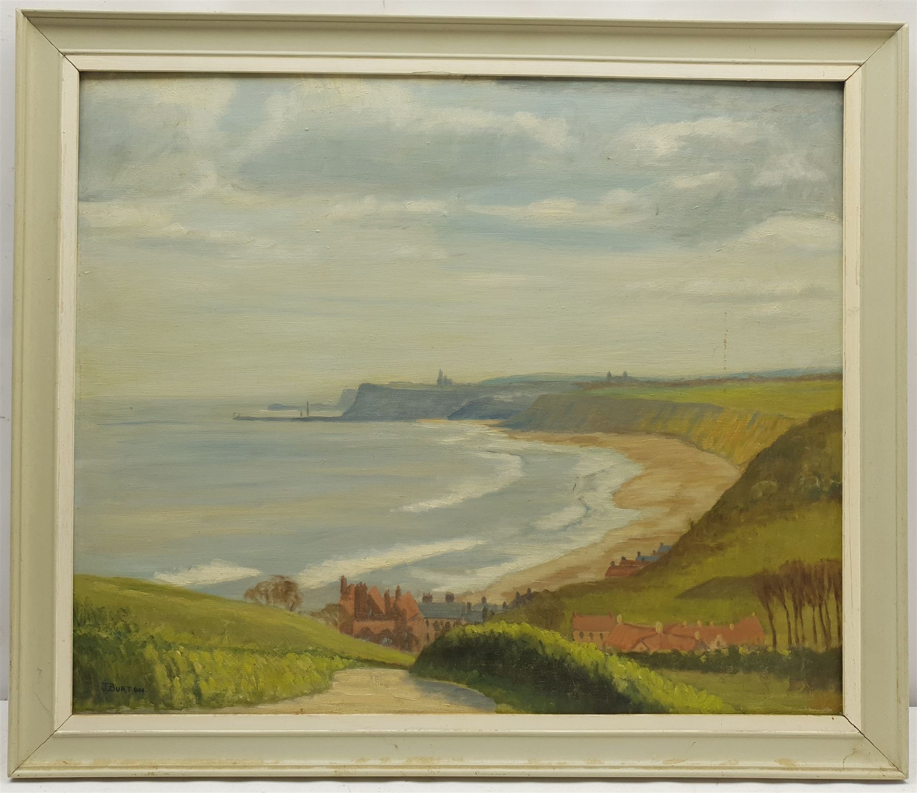J Burton (British 20th century): Whitby from Lythe Bank, oil on board signed 49cm x 59cm; William Shone (British 20th century): 'Autumn Morning Cray Wharfedale', oil on board signed, titled verso on artist's studio label 49cm x 59cm (2)