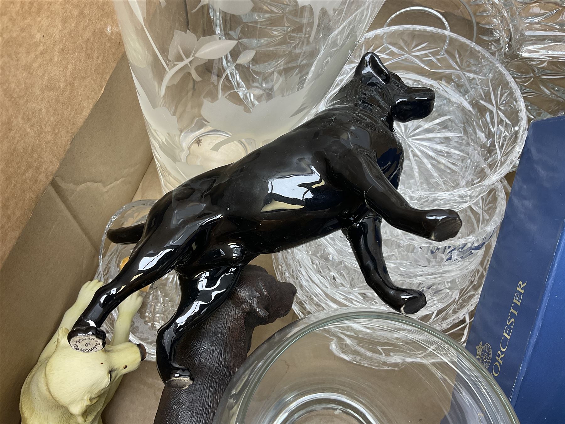 Royal Worcester Gold Chantilly pattern dish, Royal Doulton Naples pattern teapot, Beswick dogs (a/f), other ceramics and glassware to include Royal Doulton etc, die-cast to include Corgi etc, together with a quantity of cds, in five boxes