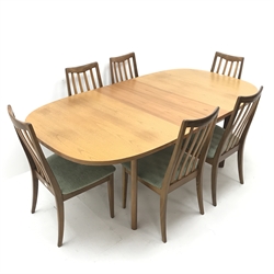 G Plan teak extending dining table, rectangular supports (W198cm & 152cm, H73cm, D107cm) and set four elm high back dining chairs, upholstered seat, square tapering supports (W49cm)