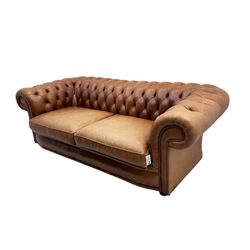 Springvale - large Chesterfield sofa, upholstered in buttoned tan leather, two cushion deep seat, turned bun feet