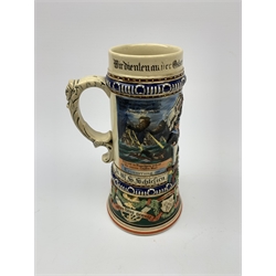 Early 20th century German reservists one litre ceramic beerstein of Naval interest with all over moulded and printed decoration and German text including SMS Schlesien Kiel 1911-14 Reserve Hat Ruh etc H24cm