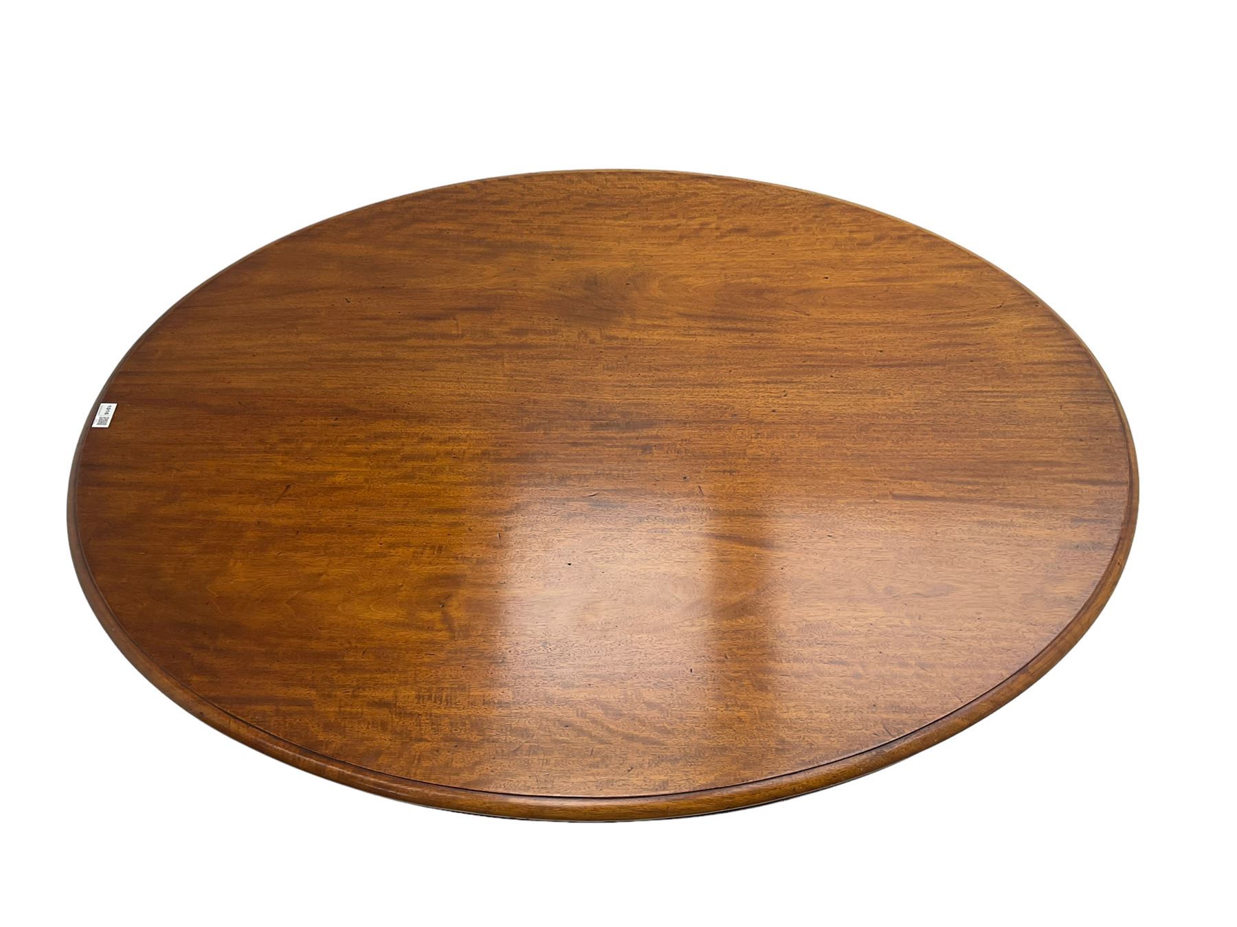 Victorian mahogany oval loo table, moulded edge with banded frieze, raised on baluster turned pedestal with quadrupod base, cabriole supports with scroll feet and castors