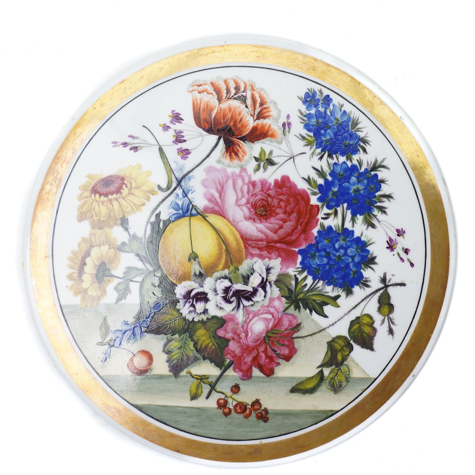 Pair of 19th century French porcelain circular plaques, each painted with fruit and flowers within a gilt lined border D23cm