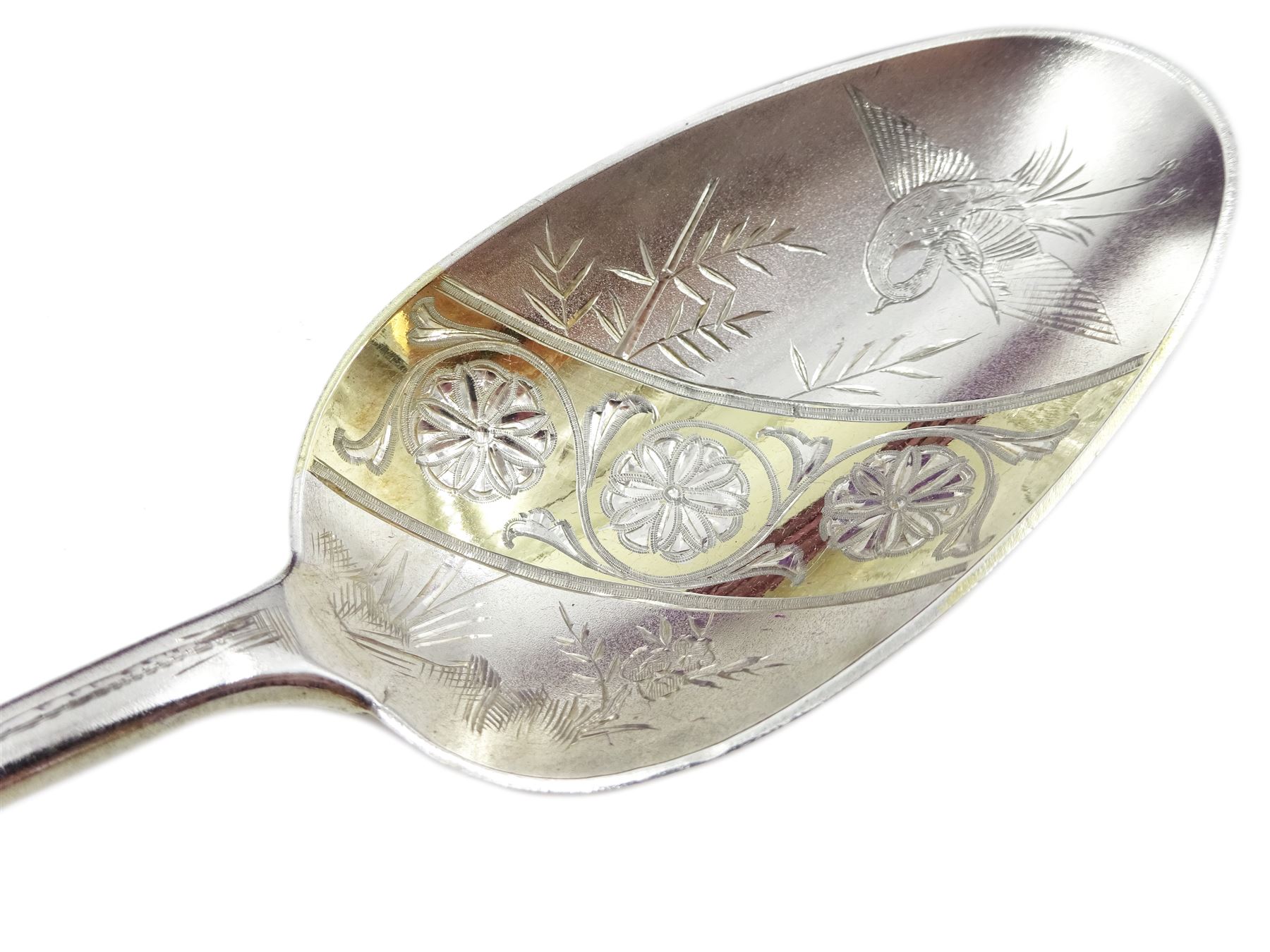 Pair of George IV silver strawberry spoons by Adam Elder, Edinburgh 1829, with later bright cut decoration and a matched Victorian sifter Edinburgh 1864, approx 5.3oz, retailed by Arnold & Lewis, Manchester cased
