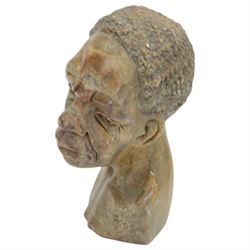 Hand carved soap stone African bust, together with a hardwood bust, stone bust H20cm 