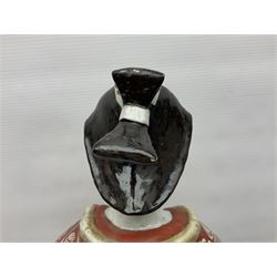 Large Japanese Imari porcelain figure, modelled as a Bijin, wearing a long kimono decorated with apple blossom and leafy branches on a white ground, with gilt detailing, possibly Edo period, H63cm