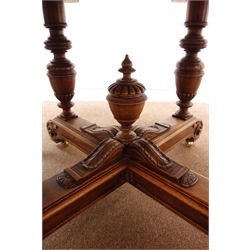  19th century French walnut dining table, pull out action with central turned and carved four column support and pair of turned legs to each end, extending to accommodate up to five extra leaves, W308cm, H73cm, D130cm  