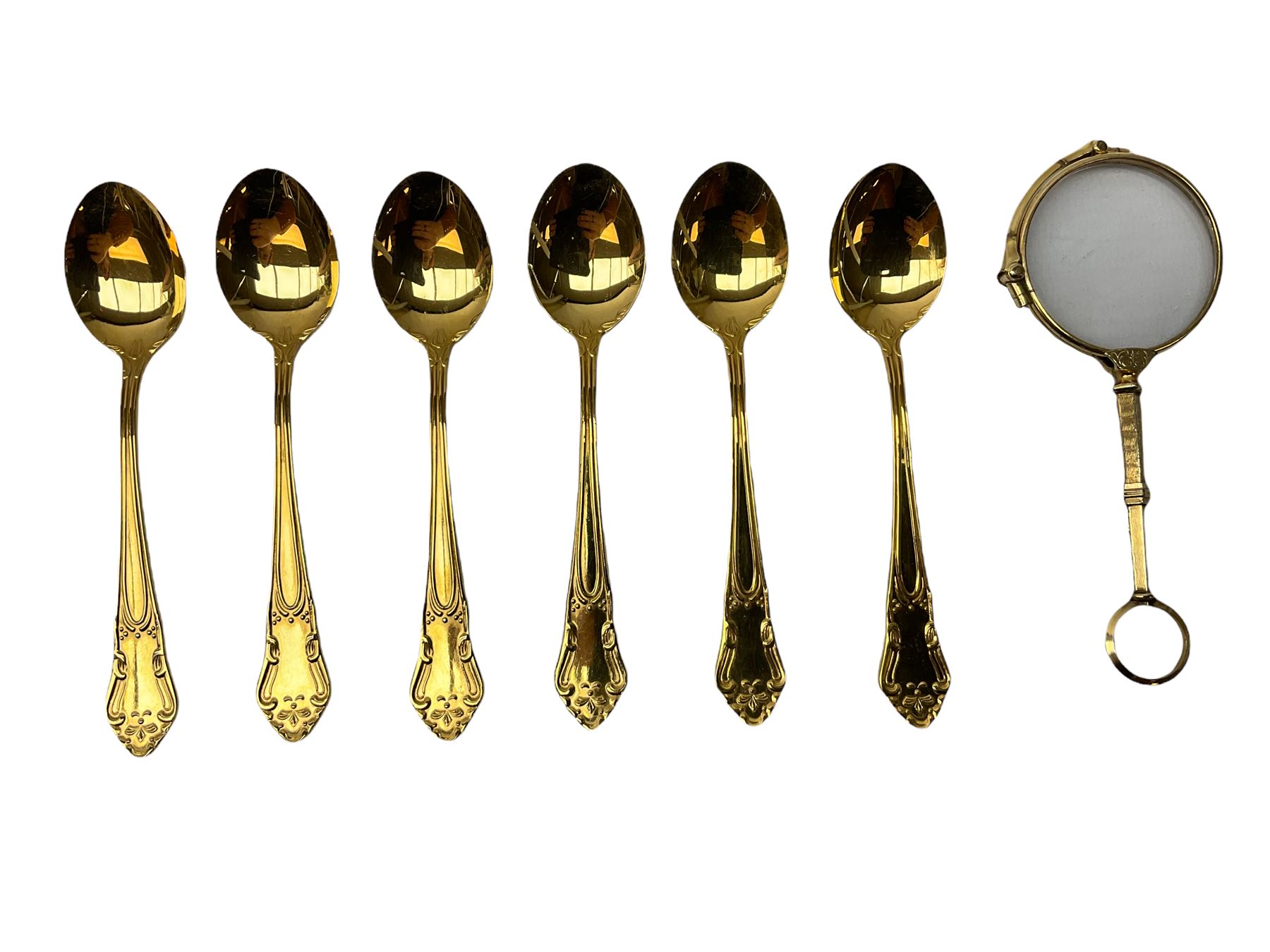 Victorian gold plated lorgnette glasses, 11cm and further set of six gold plated teaspoons stamped Sweden