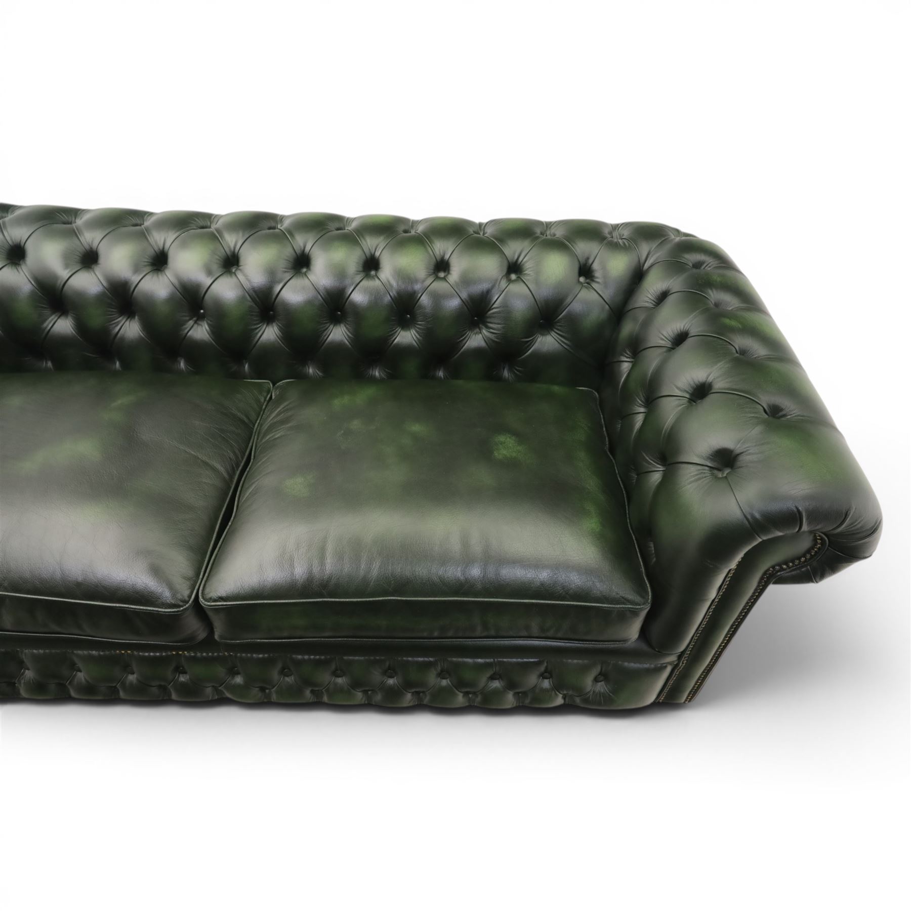 Distinctive Chesterfields - Chesterfield two cushion sofa, upholstered in green deeply buttoned leather