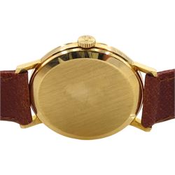 Omega Century gentleman's 18ct gold manual wind wristwatch circa 1964, Ref. 121 014, Cal. 269, serial No. 21113567, silvered dial with subsidiary seconds dial, on tan leather strap