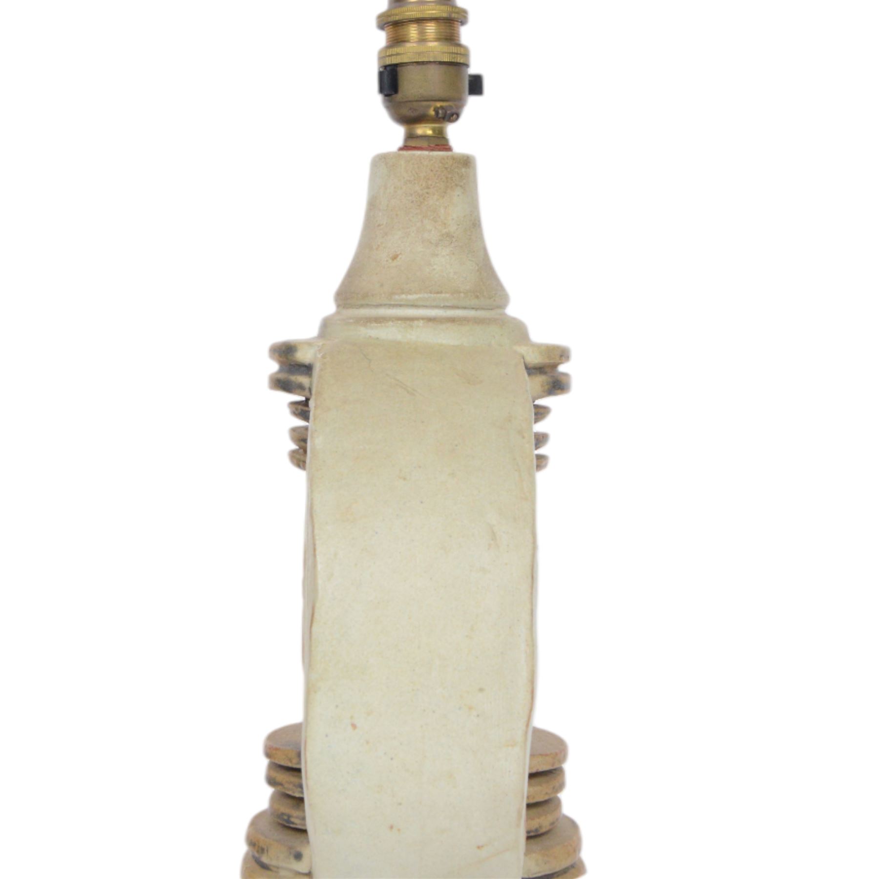 Bernard Rooke (British 1938-): two studio pottery table lamp bases, each with relief moulded abstract designs, signed with initials, tallest H40cm