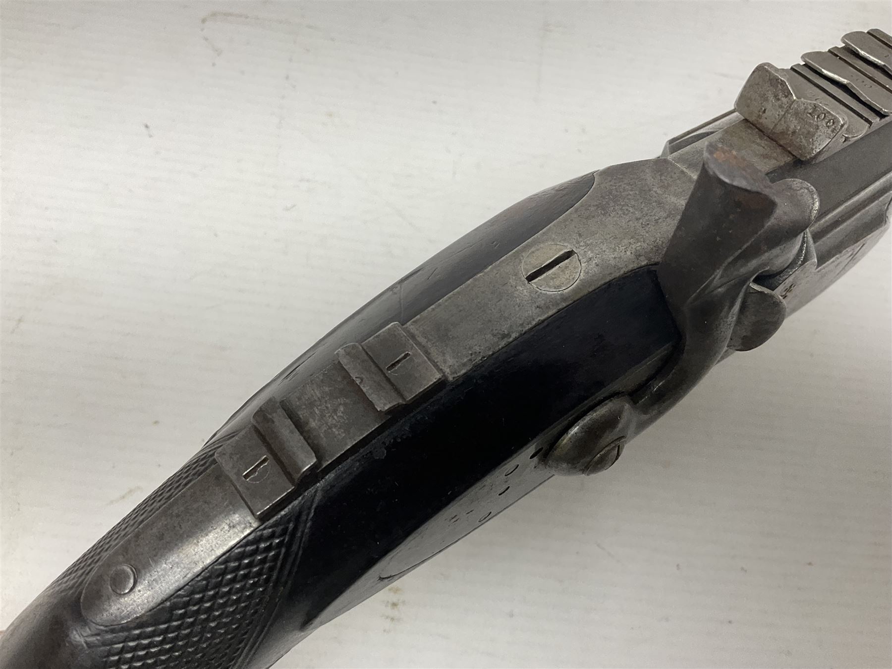 19th century George Gibbs of Bristol .461 cal. muzzle loading percussion match rifle with 28cm cut-down barrel and cut-down stock, Metford type rifling, fitted with additional three folding leaf rear sight to 400yds, back action sight still fitted to tang, maker's name to lock and top of barrel, serial no.439. L46.5cm overall