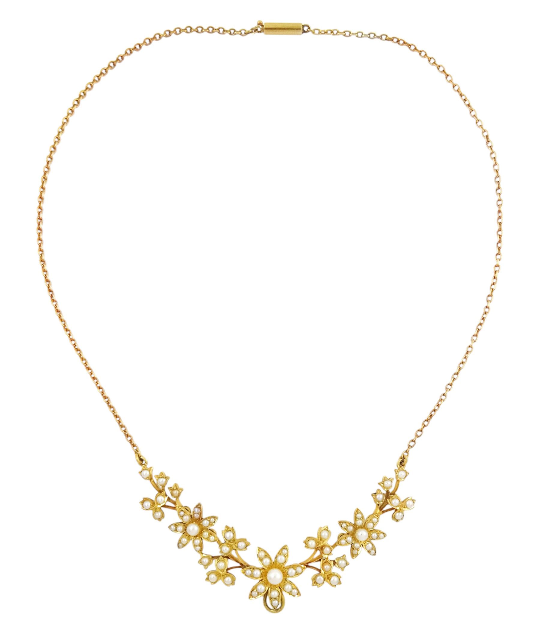Edwardian 15ct gold split pearl flower head and foliate necklace, with detachable 18ct gold old cut diamond and split pearl flower head pendant, in fitted velvet and silk lined box
