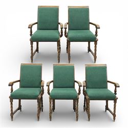 20th century set of five oak framed high-back dining chairs with bobbin-turned supports an...