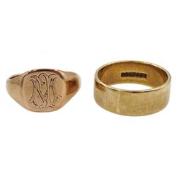 9ct rose gold signet ring, Birmingham 1918 and a 9ct gold wedding band, Birmingham 1958