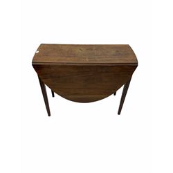 George III mahogany table, oval drop leaf top on gate leg action base, square tapering moulded supports 
