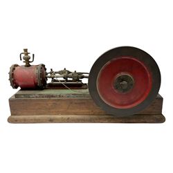 Large stationary live-steam model of a beam engine with 19.5cm fly wheel, on wooden base L47.5cm