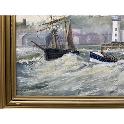 Robert Sheader (British 20th century): Boats Leaving Scarborough Harbour, oil on board signed 22cm x 29cm