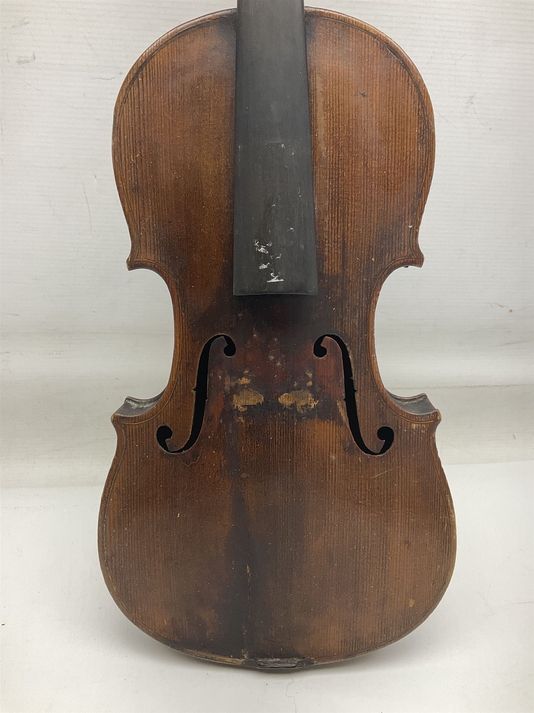 Chinese Parrot violin with 35.5cm two-piece back; L59.5cm in carrying case; and early 20th century German violin for restoration; bears label 'Antonius Stradivarius Faciebat Anno 1730'; cased with bow (2)