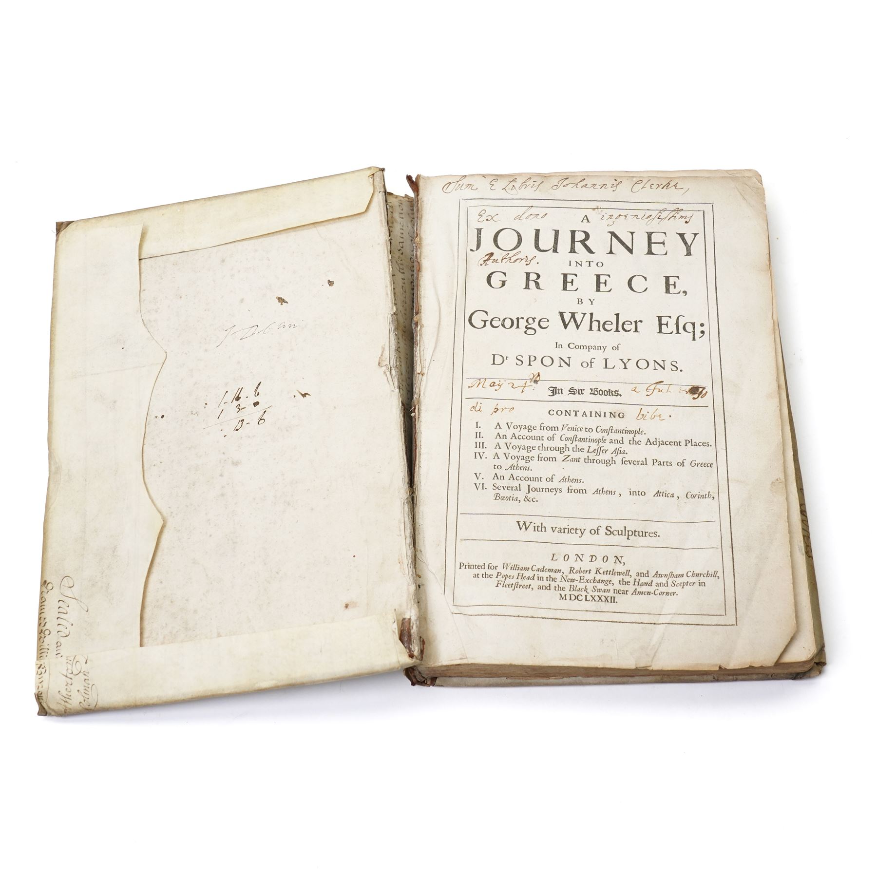 Wheler, George - 'A Journey into Greece' in company of Dr Spon of Lyons, printed for William Cademan et al, first edition 1682 ex libris Johannes Clarke in vellum covered boards, a double sided vellum page of music and a single sided vellum page, both in Latin and framed (3)