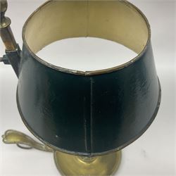 19th century brass Bouillotte candle lamp with adjustable green tole painted shade, with a circular base and snuffer, H36cm