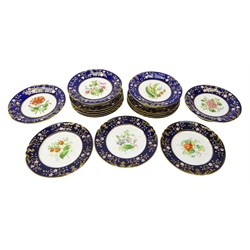 19th century Botanical dessert service, probably Samuel Alcock, painted with specimen sprays within pierced cobalt blue borders and gilt dentil, comprising four low comports and twelve plates, printed retailers marks in puce for Richard Hawkins, Crystal Palace and Brighton, and pattern number 4/1277   