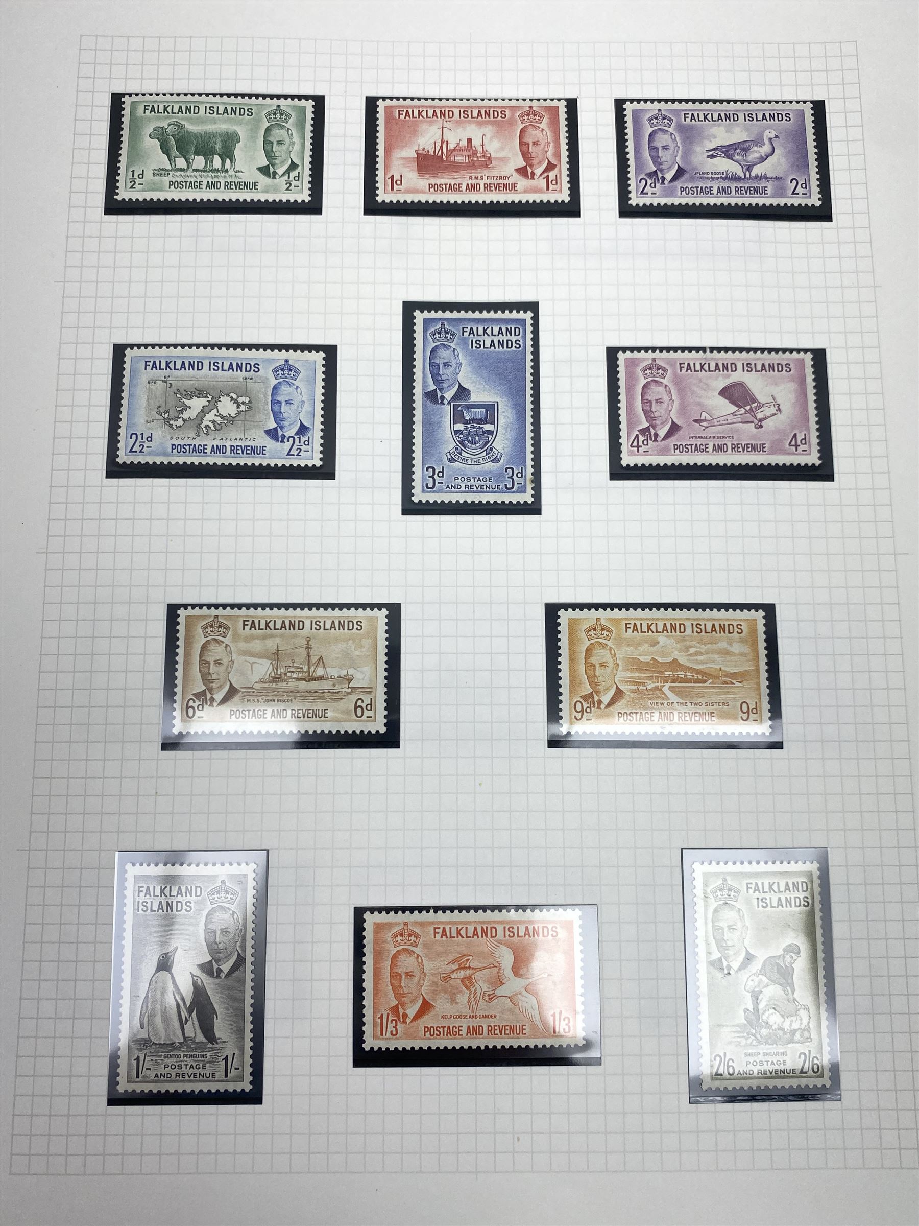Falkland Islands, King Edward VII and later stamps, including 1904-12 values to one shilling unused, King George V 1912-20 values to five shillings unused etc, housed on pages