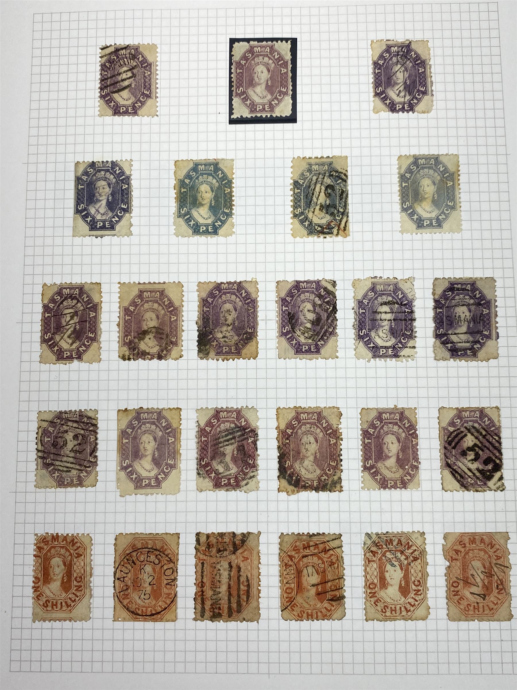 Van Diemen's Land (Tasmania) Queen Victoria and later stamps, including 1853-4 one penny and four penny stamps, 1855 two pence and four pence, 1856 one penny, 1857 various values, 1864-80 various perf issues etc, housed on pages