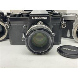 Nikkormat FT2 camera body, serial no. 5066813, in original packaging, together with Nikkormat EL camera body, serial no. 5577358, with Nikon Nikkor 50mm 1:1.8' lens no. 2143575, Nikkormat FT, serial no. 3968385, and Nikomat FT camera body, serial no. 4015491