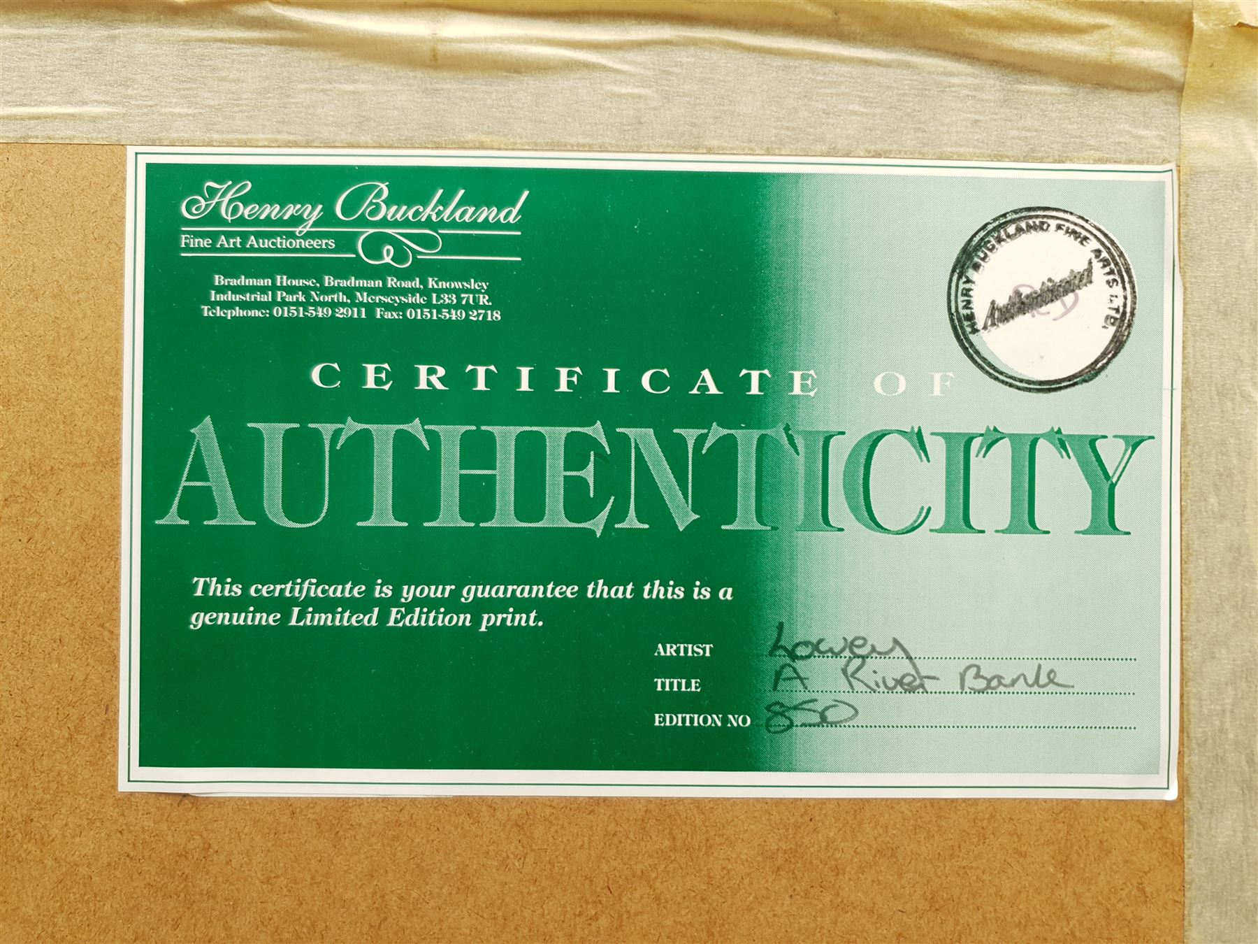 After Laurence Stephen Lowry (British 1887-1976): 'A River Bank', limited edition colour print No.592/850 with Henry Donn blindstamp, Henry Buckland COA verso 39cm x 50cm