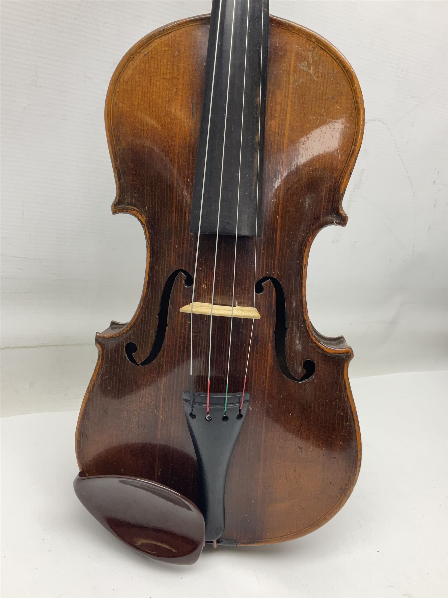 German trade violin c1900 stamped PAGANINI with 35.5cm two-piece maple back and ribs and spruce top L58.5cm overall; in carrying case; and another German trade violin for spares or repair; in carrying case (2)
