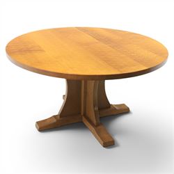 Mouseman - circular adzed oak circular dining table, on quatriform base with carved mouse ...