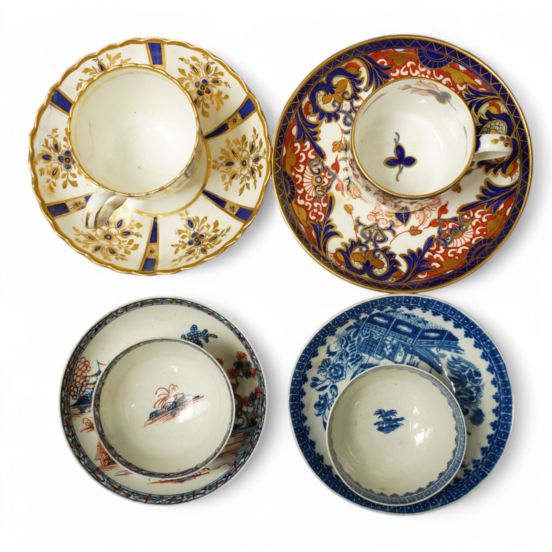 18th century Caughley tea cup and saucer of fluted design decorated in blue and gilt, blue 'S' mark, Bloor Derby coffee can and saucer in red, blue and gilt; 18th century Worcester tea bowls decorated in the Pleasure Boat or Fishermans pattern, and a Liverpool tea bowl decorated in the Penningtons Cannonball pattern