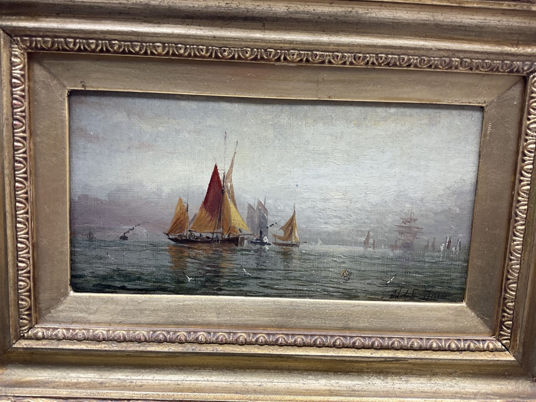 William Adolphus Knell (British 1801-1875): Shipping at Sunrise and Sunset, pair oils on canvas signed 13cm x 26cm (2)