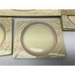 Clarice Cliff Biarritz part dinner set, circa 1930, for Royal Staffordshire, of rectangular form, decorated with bluebells, to include one serving plate, six dinner plates, three side plates, etc, printed mark beneath with reg no 784849 (17)