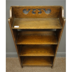 Early 20th century oak two tier bookcase, bead moulding to uprights, fret work back, W46cm, H92cm, D16cm  