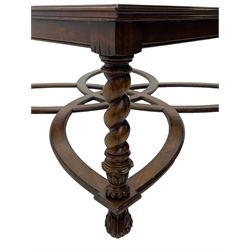 Jonathan Charles - large mahogany coffee table, the square oyster veneered top with verre églomisé inset, the glass hand-painted with gilt scrolling foliate patterns, raised on spiral turned supports with acanthus and gadroon carvings, united by interlocking demi-lune stretchers, on scrolled acanthus feet