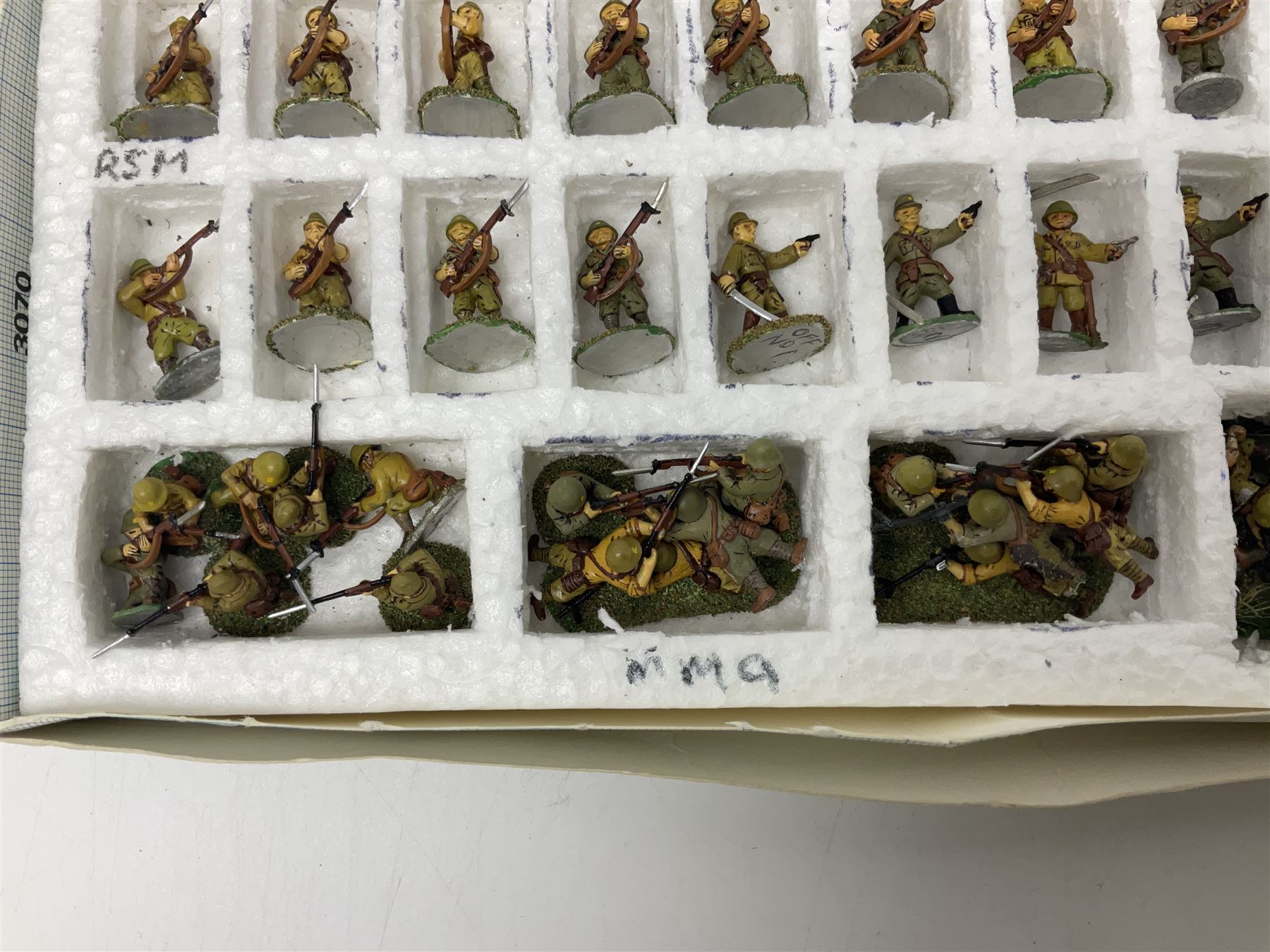 Lamming Miniatures - Bill Lammings own 1970s promotional display set of fifty-two 25mm miniature WW2 Japanese Infantry soldiers with two howitzers and mortar team; hand painted by Bill Lamming for exhibition