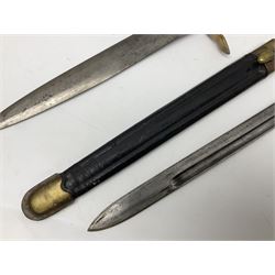 Italian Model 1891 bayonet with 30cm fullered blade; the crosspiece marked 'TERNI'; in associated brass and leather scabbard L43cm overall; and Knights Templar (?) short blade sword (no scabbard) (2)