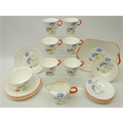  1930's Shelley Regent shape tea service for six persons, decorated with floral sprays, orange painted rims and handles, pattern no. 2195 & reg no. 781613  