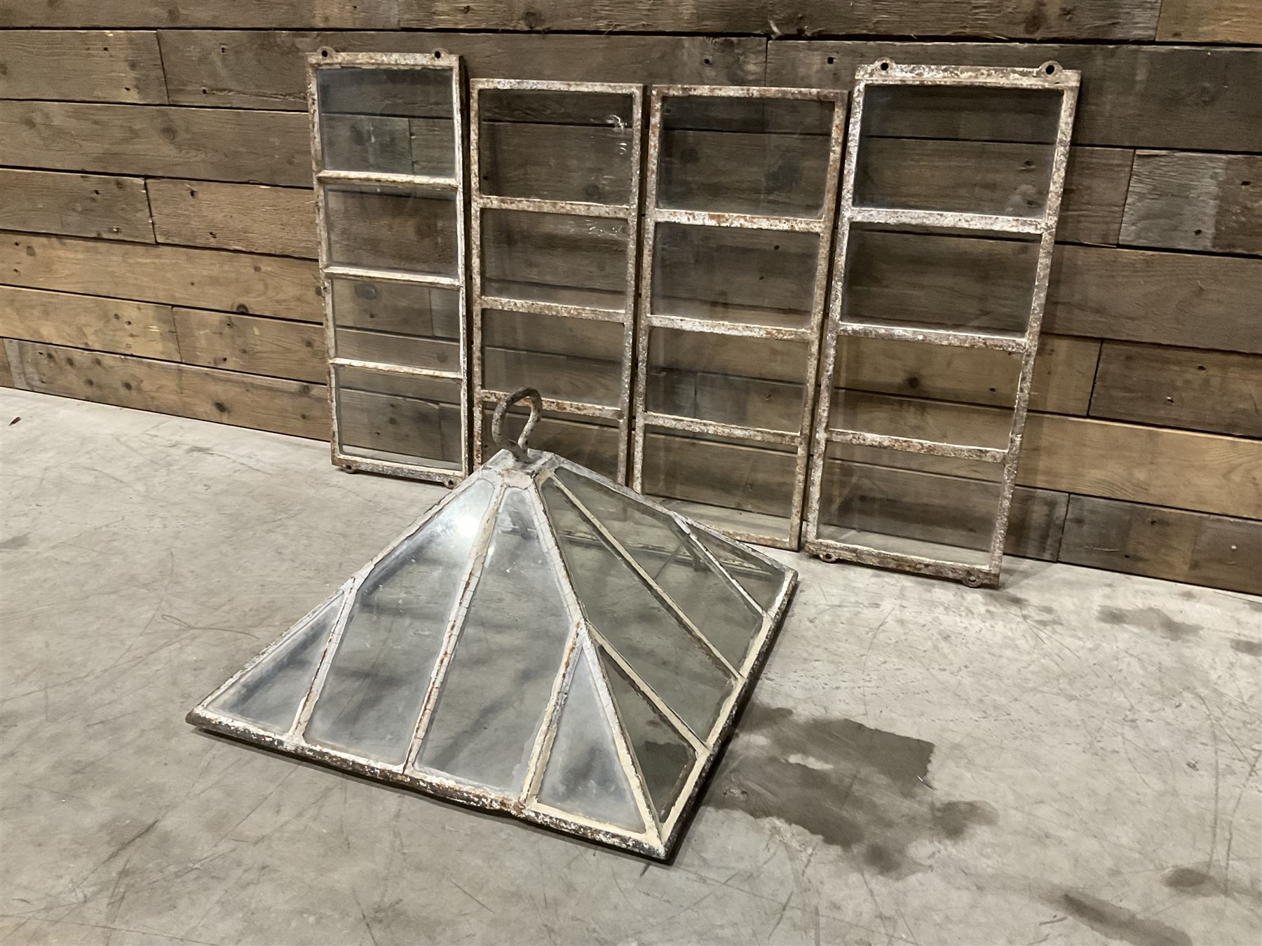 Victorian painted iron framed square garden cloche lantern, with associated sides (larger than the top piece), no fittings