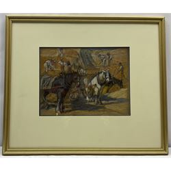 English School (Early 20th century): Workmen with Horses and Carts Quarrying Stone, pastel and charcoal unsigned 23cm x 31cm