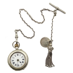  Swiss silver top wound fob watch, case by S.P., London import marks 1911, on Albert chain with T bar  